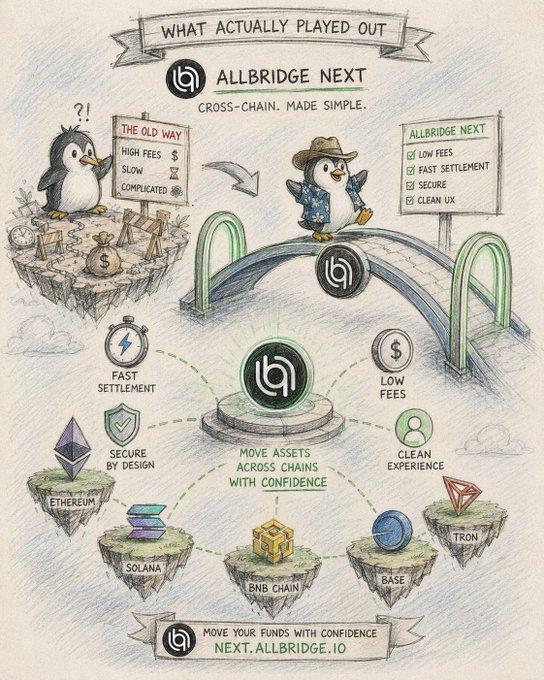 A hand-drawn infographic titled "What Actually Played Out" for Allbridge Next, contrasting "The Old Way" (high fees, slow, complicated) with "Allbridge Next" (low fees, fast settlement, secure, clean UX), featuring a penguin mascot crossing a bridge between Ethereum, Solana, BNB Chain, Base, and Tron networks. The visual reinforces the post's theme by illustrating how Allbridge eliminates friction in cross-chain asset transfers with its streamlined, secure infrastructure.