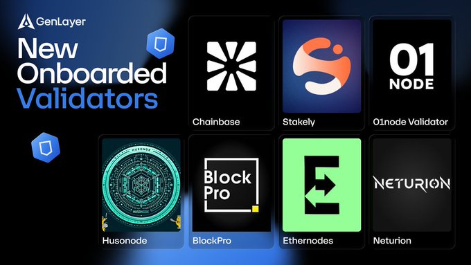 A promotional graphic for GenLayer announcing "New Onboarded Validators," displaying logos for Chainbase, Stakely, 01node Validator, Husonode, BlockPro, Ethernodes, and Neturion.