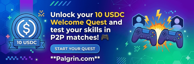 The image is a vibrant promotional banner with a blue-to-purple gradient background featuring a "10 USDC" coin badge, two stylized gamers with controllers, and the text: "Unlock your 10 USDC Welcome Quest and test your skills in P2P matches! 🎮" along with a "START YOUR QUEST" button and the URL "**Palgrin.com**". It visually promotes the 10 USDC welcome bonus by framing it as a reward for completing a gaming quest and competing in peer-to-peer matches on Palgrin.com.