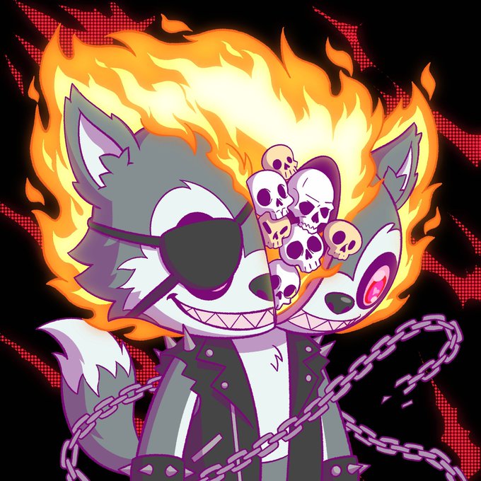 A vibrant cartoon wolf character with an eyepatch, jagged grin, and spiked collar is engulfed in fiery flames, with a cluster of skulls bursting from its head, surrounded by purple chains against a red halftone background. The chaotic, edgy aesthetic embodies KLUDZ's colorful and rebellious artistic style ahead of their August 12 OpenSea NFT drop.