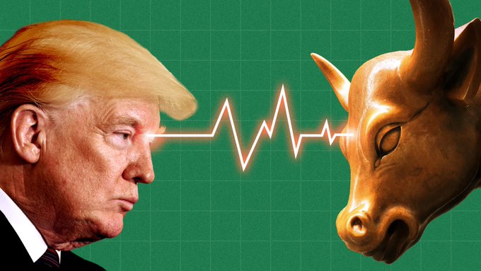 The image shows Donald Trump in profile facing a golden bull statue head, connected by a jagged heart-monitor-style line with glowing eyes, against a green grid background—visually symbolizing his bullish stance on the crypto market.