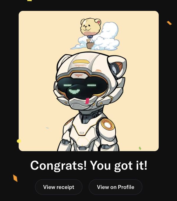 The image shows a confirmation screen for an NFT acquisition featuring a cute robotic character with a teddy bear on a cloud above its head, displaying the text "Congrats! You got it!" along with buttons to "View receipt" and "View on Profile." This celebrates the user's recent NFT purchase from solsweb3, reflecting their excitement about picking up a notable digital collectible using trading profits, as mentioned in their post tagging Kabu and Sols.