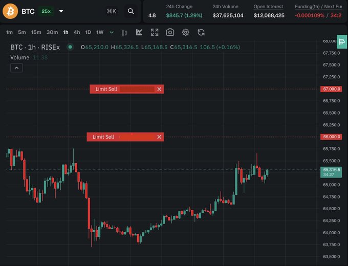 BTC 1-hour chart on a trading platform showing limit sell orders placed at 67,000.0 and 66,000.0.