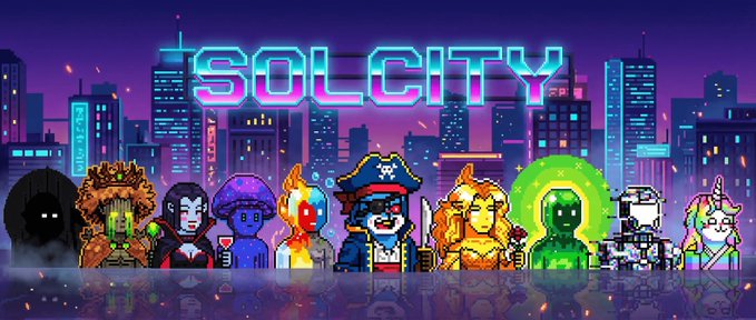 A vibrant pixel art banner displays the word "SOLCITY" in neon blue letters above a lineup of colorful character sprites set against a purple cityscape.
