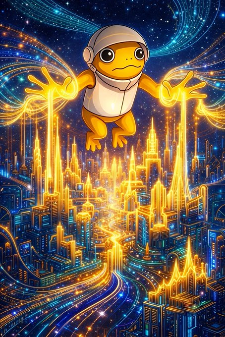 A glowing, yellow gecko-like astronaut floats above a vibrant, futuristic neon cityscape, casting bright streams of golden light from its hands. The imagery aligns with the post's message, as the radiant figure illuminating the bustling city below symbolizes how the $TURBO community shines brightly together regardless of the environment.
