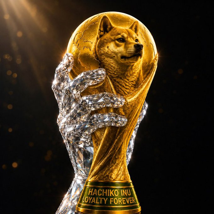 A golden World Cup-style trophy featuring a sculpted Shiba Inu (Doge) emerging from crystal hands, with a plaque reading 'HACHIKO INU LOYALTY FOREVER'.