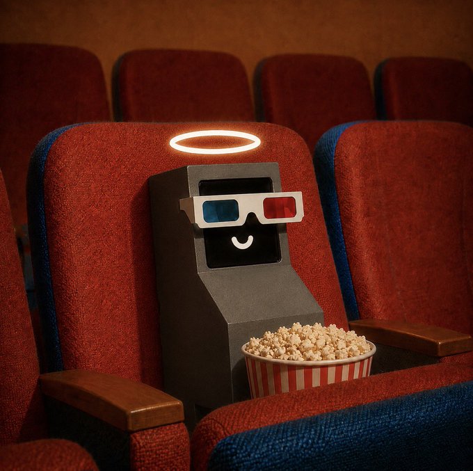 A cute gray arcade machine character wearing 3D glasses and sporting a halo and smiley face sits in a red movie theater seat next to a striped bucket of popcorn.