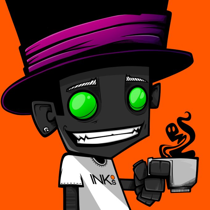 A cartoon character with glowing green eyes, wearing a black top hat with a purple band and a white "INKs" t-shirt, holds a steaming coffee cup against an orange background—matching the "Coffee and Crypto Art" theme with its stylized, digital-art aesthetic.