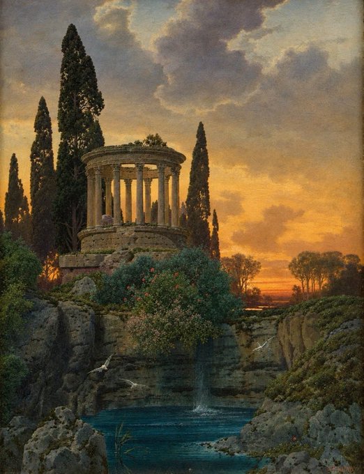 A painterly landscape depicts a classical circular temple among tall cypress trees, rocky cliffs, greenery, and a small waterfall at sunset.