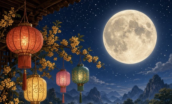 A nighttime scene illustration features a large full moon, starry sky, glowing traditional Asian lanterns in red, yellow, pink, and green hanging from a building, and mountain silhouettes.