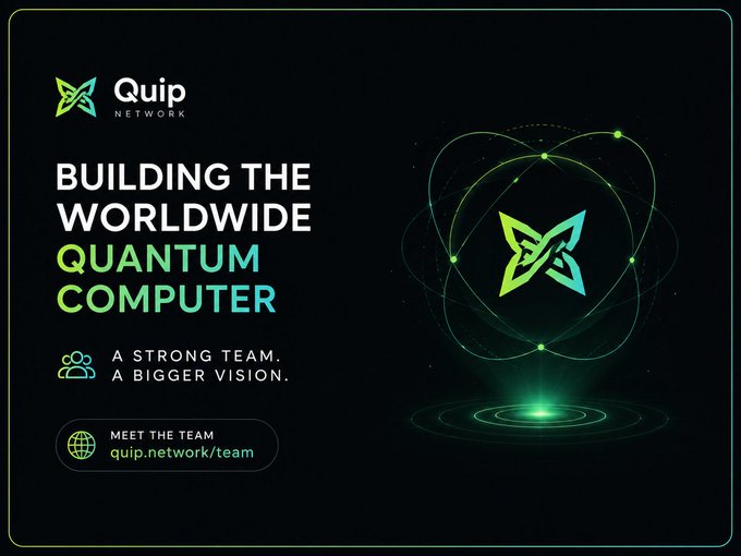 The image features a poster with a green and white design, featuring a green circle containing a blue butterfly symbol surrounded by green lines. The text on the poster reads "Building the worldwide Quantum Computer" and "A strong team. A bigger vision." The background of the poster is black, which contrasts with the vibrant colors of the design elements.