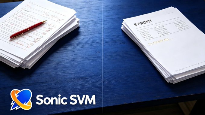 A side-by-side comparison of two stacks of graded exam papers on a blue desk—one with handwritten red markings and "OR" annotations, the other labeled "$ PROFIT" with multiple scores and "NO ANSWER KEY" stamped at the bottom—paired with the Sonic SVM logo, illustrating how prediction markets provide verifiable "graded" outcomes that eliminate the guesswork and self-justification of traditional crypto trading.