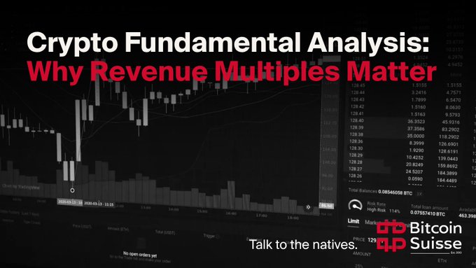 The image is a promotional graphic for Bitcoin Suisse featuring the title "Crypto Fundamental Analysis: Why Revenue Multiples Matter," set against a background of dark trading charts and order book data showing BTC values and the headline "Talk to the natives." The accompanying post highlights a new Revenue Dashboard revealing revenue multiples ranging from 2x to 5295x across the top 10 crypto projects, emphasizing that comparing these valuations—like a derivatives protocol to a Layer 1—requires accounting for factors like monetary premium.