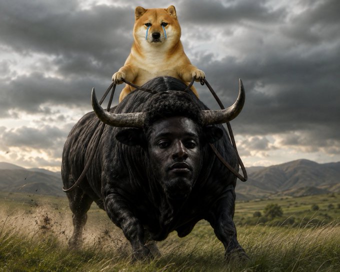 A surreal composite image showing a Shiba Inu dog with blue tears in its eyes riding on the back of a running black bull with a human face, set against a cloudy sky and grassy plain.