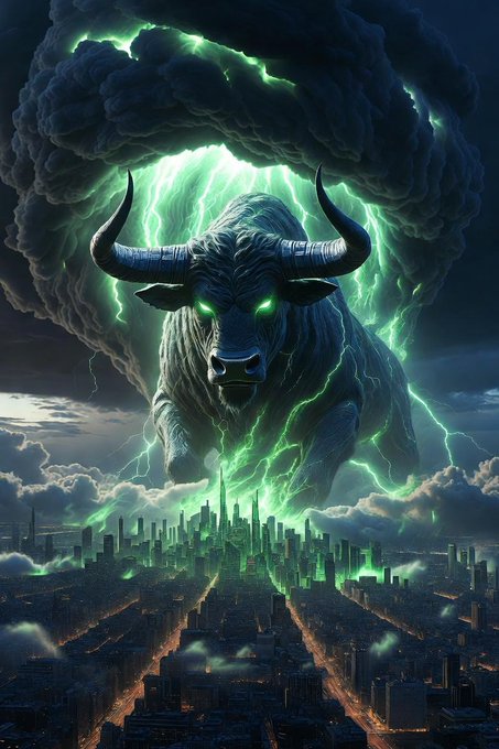 A dramatic digital artwork depicts a massive horned bull emerging from dark storm clouds with glowing green lightning over a cityscape.