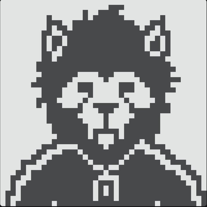A pixel art portrait of a bear or panda-like character in black and white.