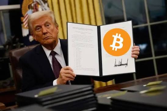 This image depicts former President Donald Trump holding a document with a Bitcoin logo, suggesting a metaphorical representation of the U.S. government's official structuring of a Strategic Bitcoin Reserve, as indicated in the accompanying post.