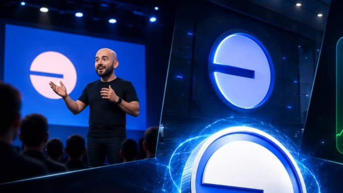 A bald, bearded man in a black t-shirt presents on stage with a large "Base" logo displayed on screen, suggesting a keynote or official announcement related to the Base blockchain network. The polished production and prominent branding align with the post's discussion of potential token developments for the Base ecosystem, as the community awaits news on whether a $BASE token will be launched.