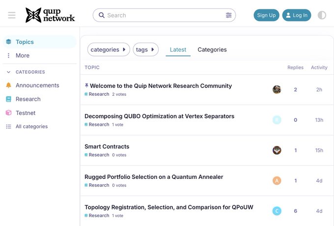 Screenshot of the Quip Network forum homepage displaying research community topics including 'Decomposing QUBO Optimization at Vertex Separators,' 'Smart Contracts,' and 'Rugged Portfolio Selection on a Quantum Annealer.'