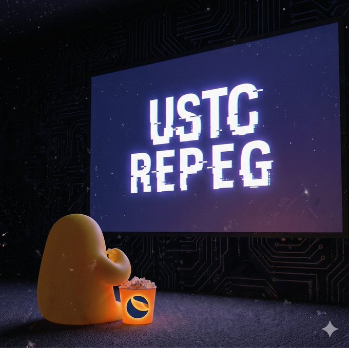 A small yellow blob-like figure watches a large screen displaying "USTC REPEG" against a cosmic backdrop, symbolizing the Terra Classic community's anticipation of the USTC peg restoration event referenced in the post about the ongoing stake test for USTC.