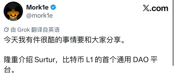 A Chinese-translated tweet from verified user @mork1e (Mork1e) announcing the launch of "Surtur," described as the first general DAO platform on Bitcoin L1, with the note indicating it was translated from English by Grok.