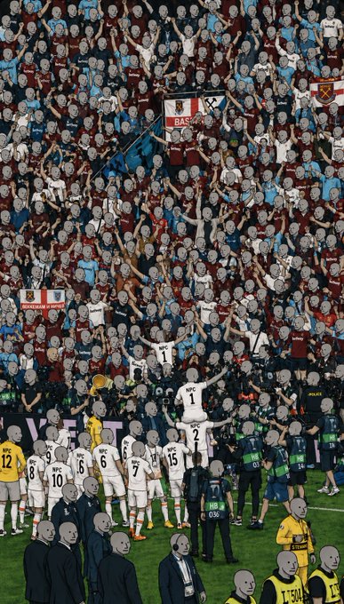 A digitally edited sports scene showing a West Ham United football team lined up on a pitch with a trophy, while the crowd in the stands has been replaced with repeating pale, smiling humanoid figures.