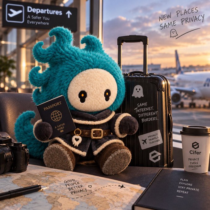 A cute fuzzy teal mascot character sits at an airport holding a 'PASSPORT' booklet, next to a suitcase displaying text like 'SAME INTERNET, DIFFERENT BORDERS' and a coffee cup labeled 'Cifer' with 'PRIVACY FUELS FREEDOM' written on it.