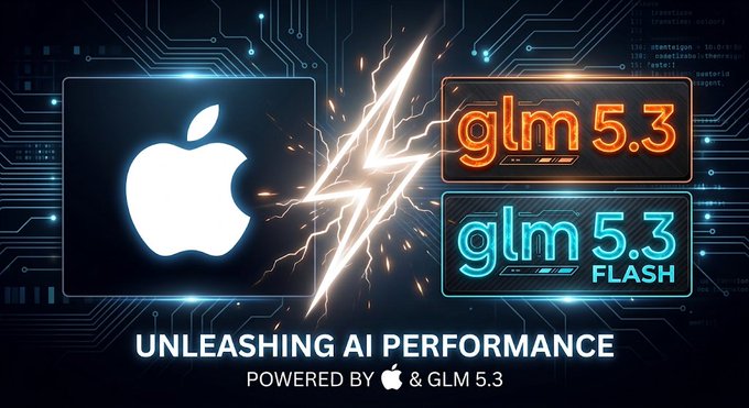 A tech-themed promotional graphic featuring the Apple logo alongside 'glm 5.3' and 'glm 5.3 FLASH' badges separated by a lightning bolt, with text reading 'UNLEASHING AI PERFORMANCE POWERED BY Apple & GLM 5.3'.
