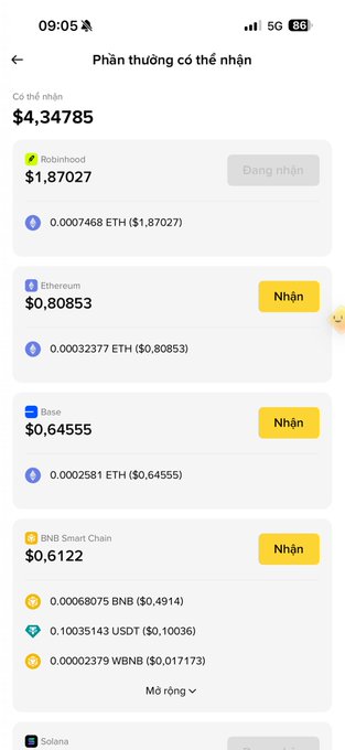 Vietnamese-language mobile app screenshot titled 'Phần thưởng có thể nhận' (Claimable rewards) showing a total of $4.34785, with claimable balances for Robinhood ($1.87027), Ethereum ($0.80853), Base ($0.64555), BNB Smart Chain ($0.6122), and Solana.