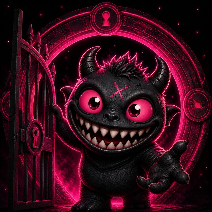 A digital illustration of a menacing black cartoon monster with glowing pink eyes, sharp teeth, and horns, standing in front of an open iron gate framed by a glowing pink circular portal with keyhole symbols.
