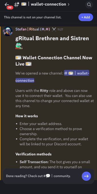 A screenshot of the Ritual Discord server showing a new "wallet-connection" channel announcement by Stefan with instructions on how users with the Ritty role and above can link their crypto wallets using methods like self-transaction verification. The post confirms that the wallet connection channel is now live and explains the setup process, aligning with the provided caption about verifying ownership for Ritty role holders.