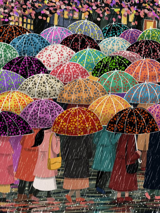 A vibrant painting depicts people from behind holding colorful, dot-patterned umbrellas in the rain beneath blooming cherry blossoms.