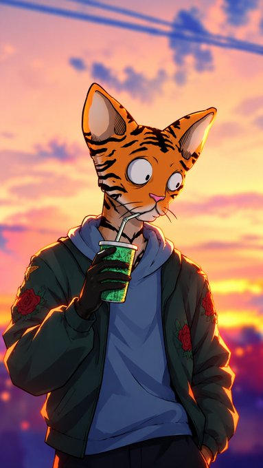 An anime-style illustration of an anthropomorphic orange tabby cat wearing a green jacket with red rose patches over a blue hoodie, drinking from a green boba cup against a sunset sky.