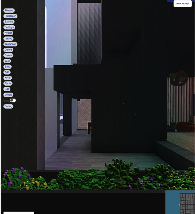 A 3D virtual environment interface showing a modern interior space with a menu panel on the left offering options like Theatre, Fullscreen, Explore, Settings, Avatar, resave, spawnhaus, Dance, Emote, Yycel, Built, Add, NFTs, Share, Edit, Voxels, Voice, and Debug.