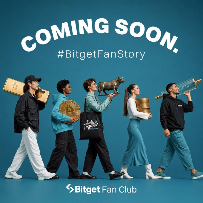 Promotional poster for 'Bitget Fan Club' with the headline 'COMING SOON.' and hashtag '#BitgetFanStory', showing five people walking in a line carrying crypto-related items like Bitcoin coins, a bull statue, and gold bars against a teal background.