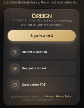 A sign-in screen for the platform XREIGN featuring a "Sign in with X" button and listing perks like Instant allocation, Real prize wheel, and Earn before TGE, corresponding to the post's instructions to connect an X account via xreign.app to receive a score-based USDT allocation.