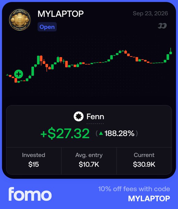 A fomo.com trading card showing MYLAPTOP token up 188.28% (+$27.32) with a candlestick chart, promoted with code MYLAPTOP for 10% off fees.