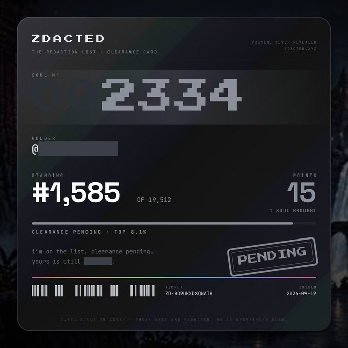 A digital 'ZDACTED' clearance card showing Soul N° 2334 with a standing of #1,585 of 19,512, marked as 'PENDING' with a ticket issued 2026-09-19.