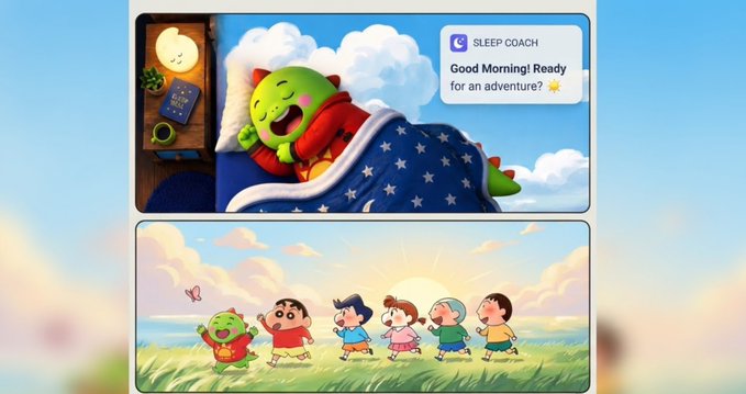 An illustration shows a green dragon character sleeping in bed with a 'SLEEP COACH' notification reading 'Good Morning! Ready for an adventure? ☀️', with a second image below of children and the dragon running joyfully in a grassy field.
