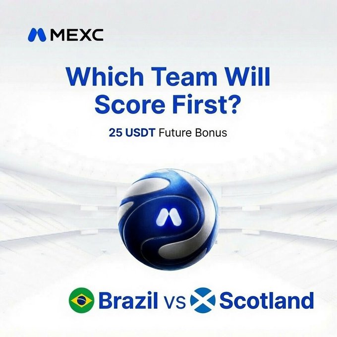 The image features a soccer ball with the text "which team will score first? 25 USDT Future Bonus" written above it, along with two options for countries - Brazil or Scotland. The text also includes the words "MEXC", "Brasil vs Scotland", and "25".