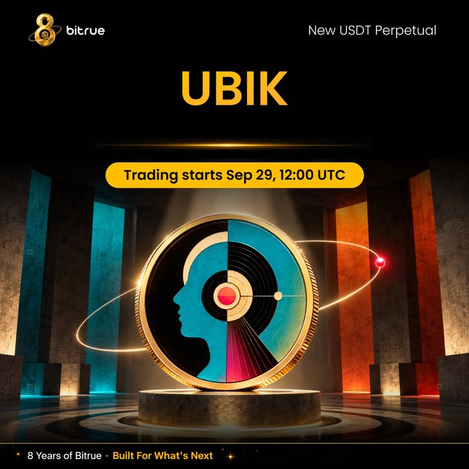 Bitrue's promotional graphic announcing the launch of $UBIKUSDT perpetual futures trading on September 29 at 12:00 UTC, featuring a stylized coin with a profile silhouette surrounded by glowing orbital rings, with text highlighting up to 10x leverage and a 200,000 USDT giveaway for traders.