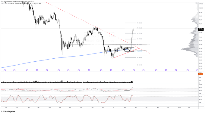 A Bitcoin/USD TradingView chart shows the price consolidating in a tight range around $62,700 with an ascending blue trendline from early 2024, breaking above a descending red trendline resistance, and projecting Fibonacci retracement targets of $64.39, $65.10, and higher—suggesting the "raise you 81" post refers to a potential push toward the $81K resistance level marked on the chart.