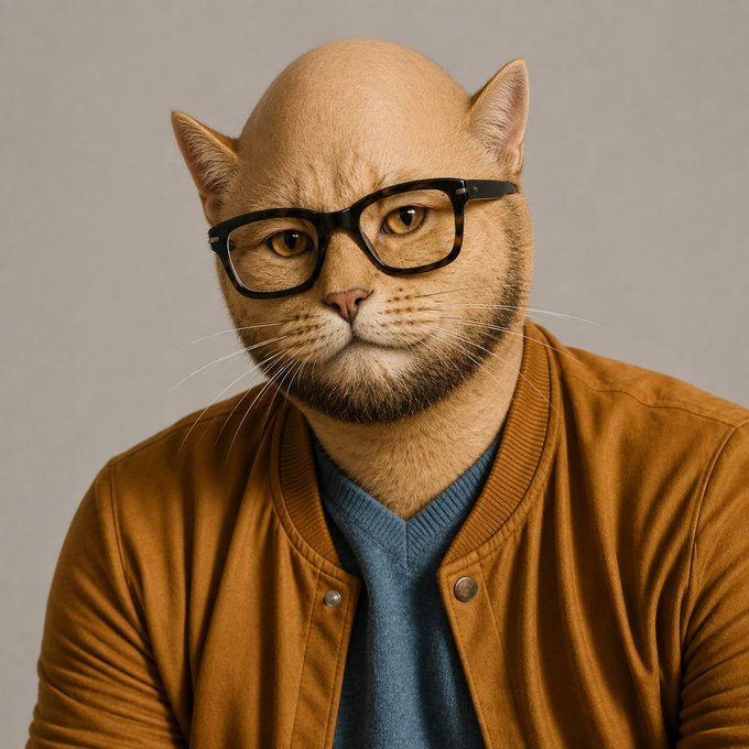 An AI-generated portrait of an anthropomorphic cat with a human-like body, wearing black-framed glasses and a brown bomber jacket over a blue shirt.
