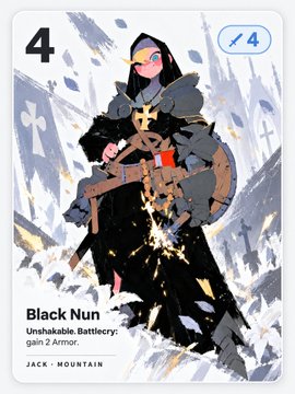 A trading card game card featuring a 'Black Nun' character, with text '4' in the corners, 'Unshakable, Battlecry: gain 2 Armor.' and 'JACK · MOUNTAIN' at the bottom.