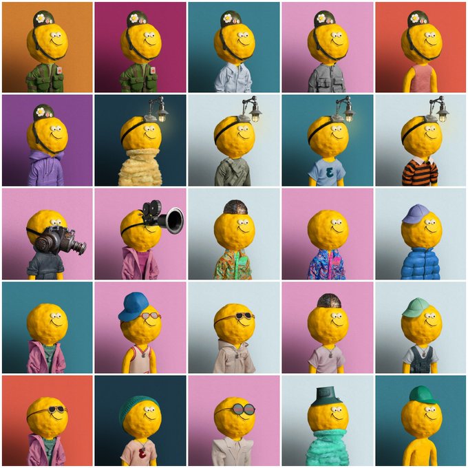A 5x4 grid of stylized yellow smiley face characters wearing various outfits, hats, and accessories, including military uniforms, a gas mask, and sunglasses, against colorful backgrounds.