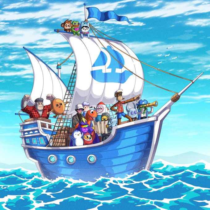 An illustration of a blue pirate ship sailing on ocean waves, filled with cartoon characters including monkeys, pirates, and animals, featuring a Facebook logo on the white sail.