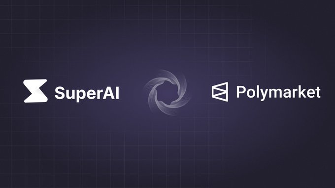 Dark-themed promotional graphic displaying the SuperAI and Polymarket logos side by side with a swirling emblem between them.
