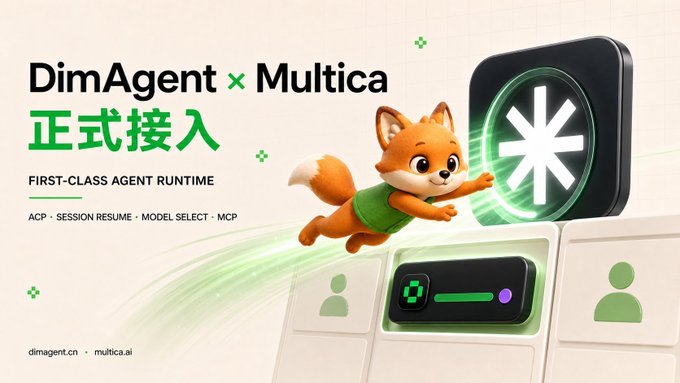 A promotional graphic with the text 'DimAgent x Multica 正式接入 FIRST-CLASS AGENT RUNTIME ACP - SESSION RESUME - MODEL SELECT - MCP' featuring a cartoon fox running towards a digital icon, with 'dimagent.cn' and 'multica.ai' at the bottom.