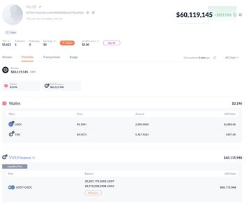 A screenshot of a cryptocurrency portfolio on what appears to be a financial tracking website, showing a total balance of $60,119.145 with assets including BTC, ETH, and XRP, plus a Visa Finance section showing a balance of 88,397,175 KRW.