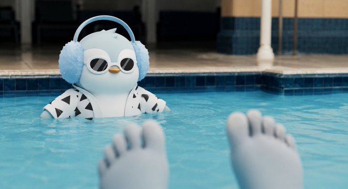 A 3D-rendered blue penguin character wearing fluffy headphones, sunglasses, and a white jacket with black triangles, partially submerged in a swimming pool with grey feet in the foreground.